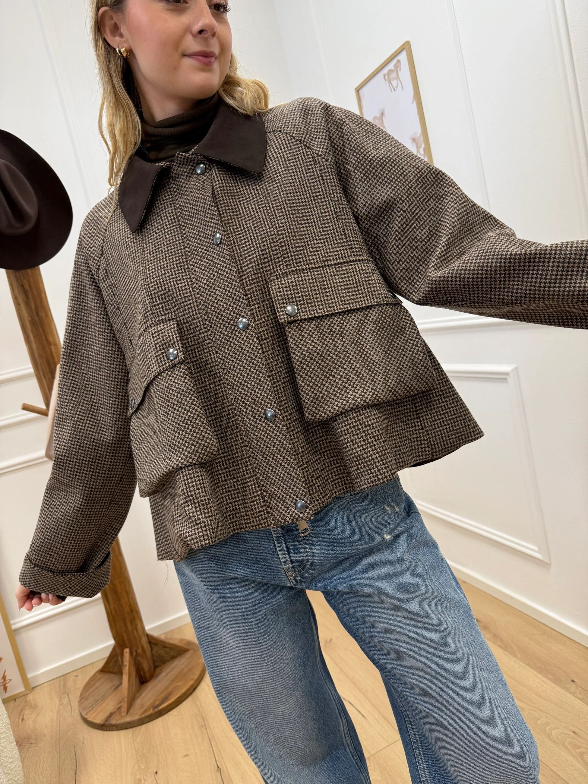 Bomber pied de poule beige, moro in lana - Dixie