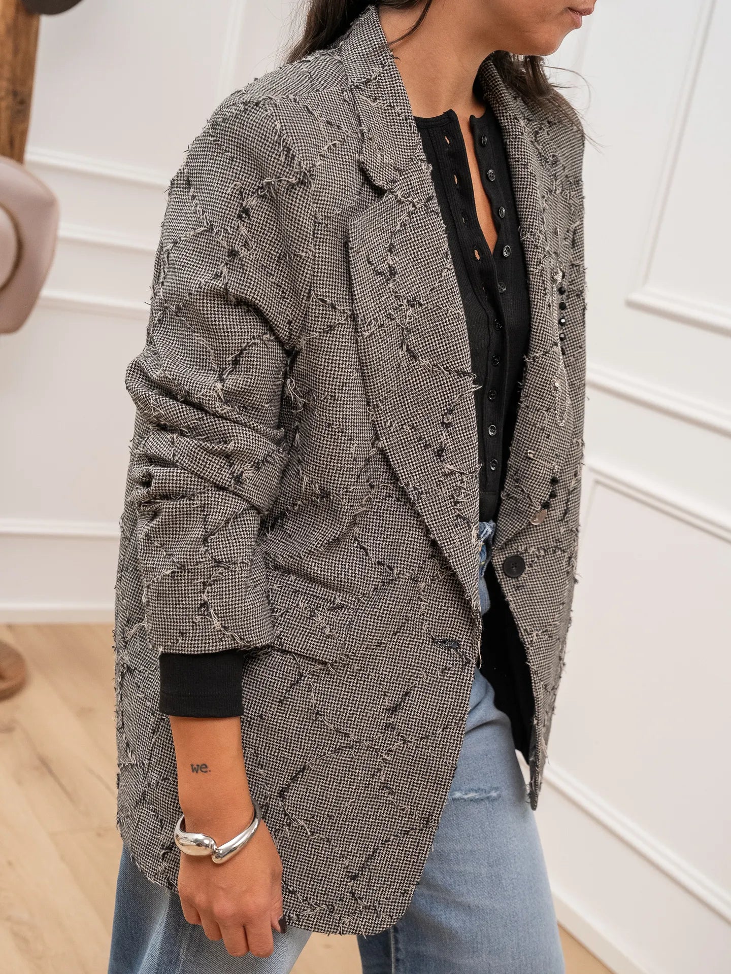 Giacca tweed bianca e nera sfrangiata - Philia Loft