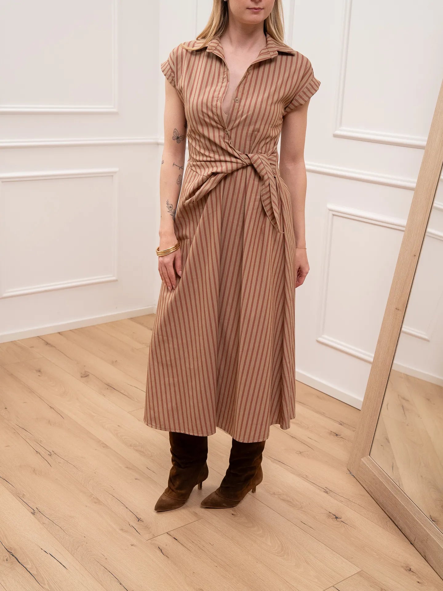 Vestito cammello e rosso con nodo - HaveOne