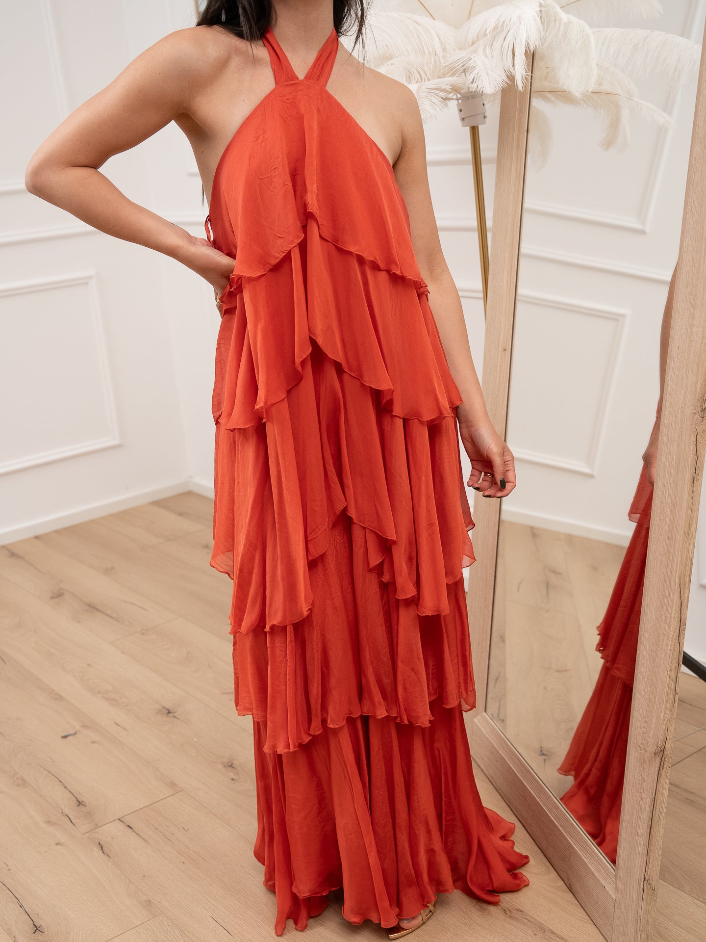 Vestito lungo coccio a balze misto seta - HaveOne
