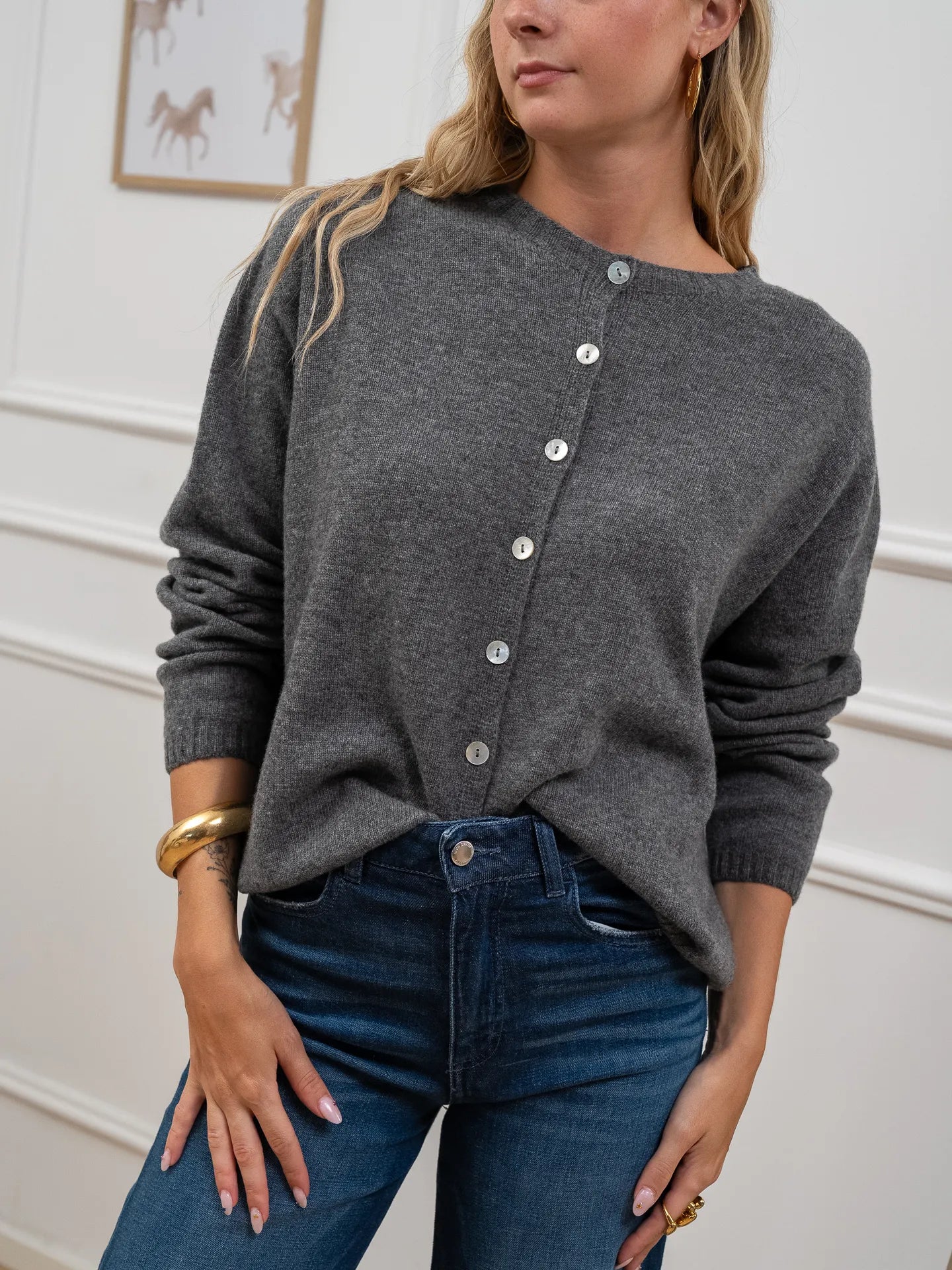 Cardigan grigio scollo coreana con bottoncini - Kontatto