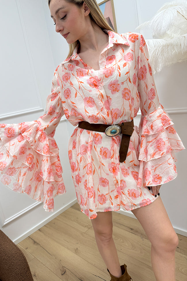 Vestito panna effetto stropicciato fiori rosa - HaveOne