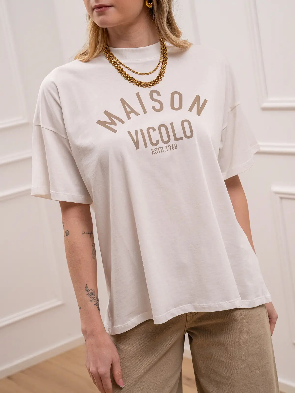 T shirt bianca stampa Maison Vicolo taupe - Vicolo
