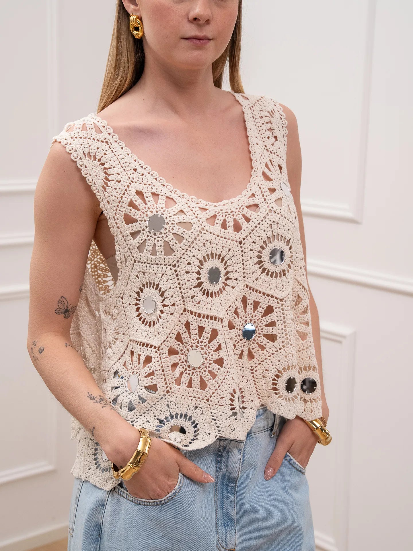 Top crochet con specchietti e bretella larga - Glamorous