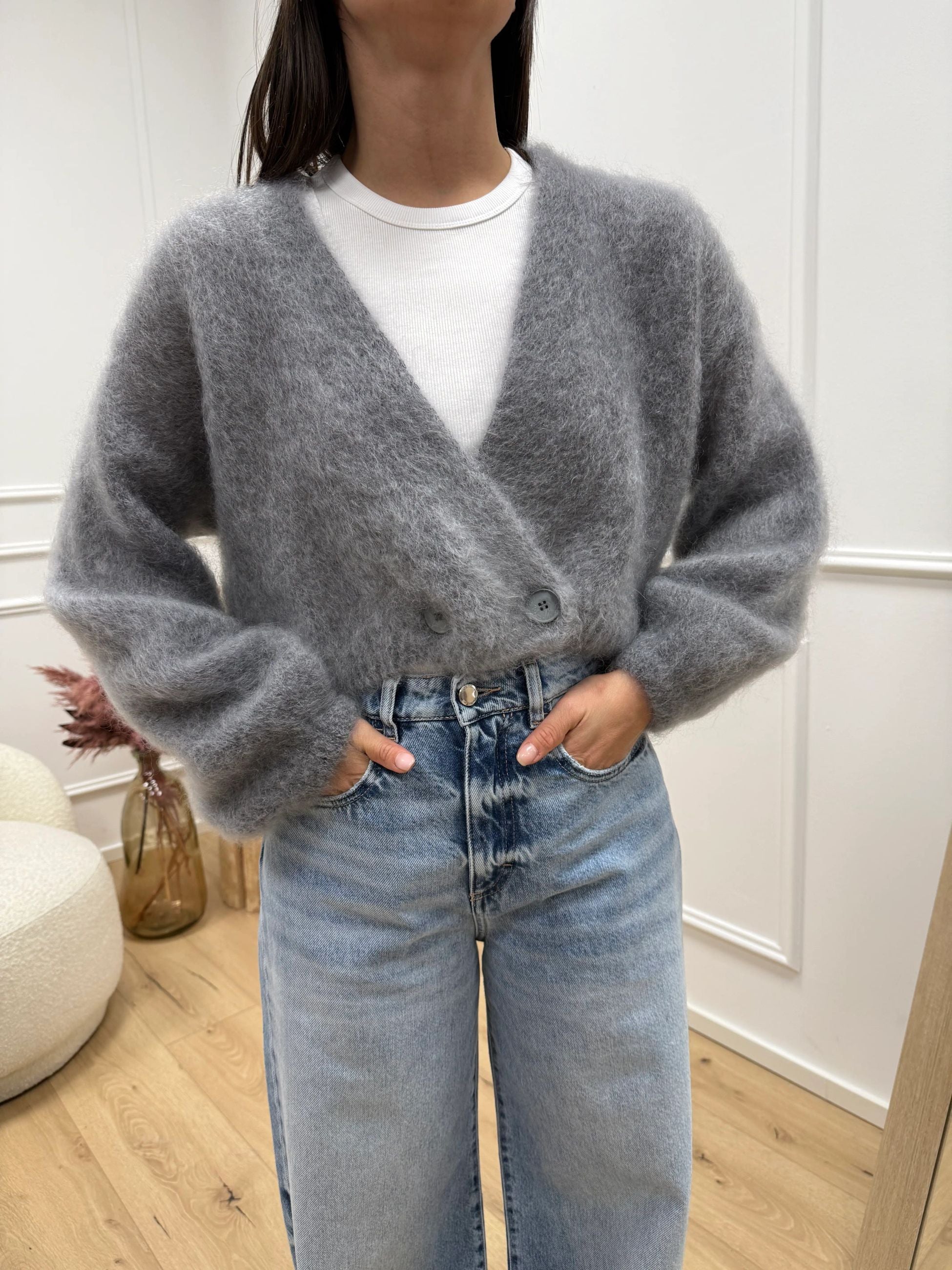 Cardigan kid mohair grigio con bottone laterale - Dixie