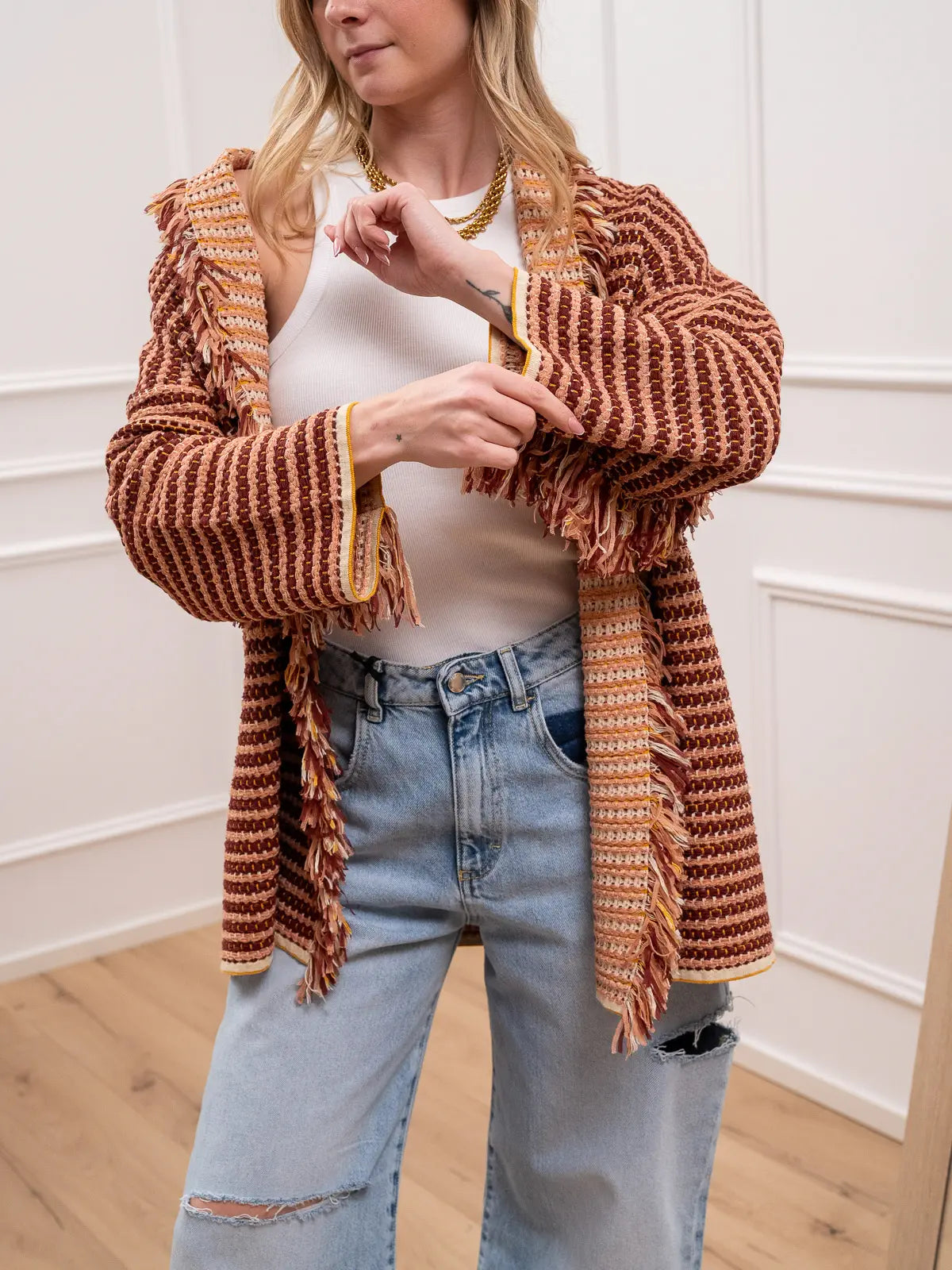 Cardigan tramato terra, senape, nude con frange - Kontatto