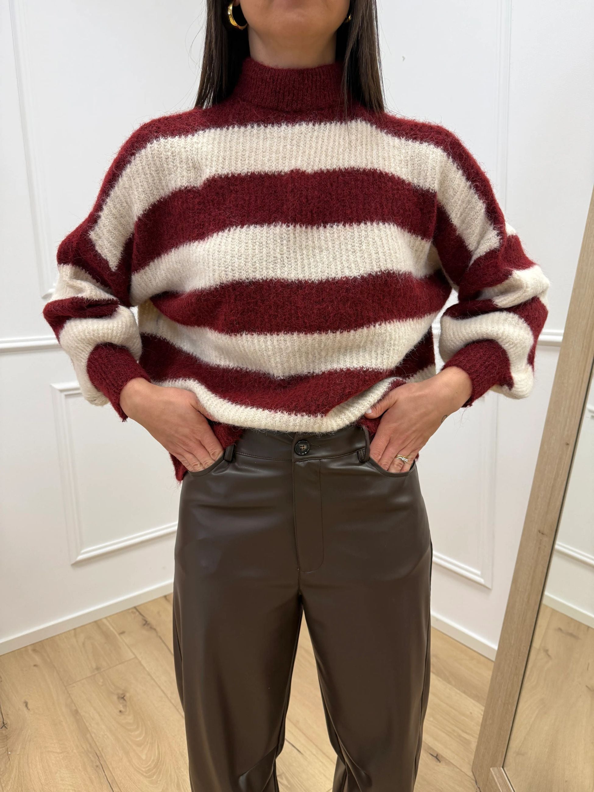 Maglia riga a scatola bordeaux e panna - HaveOne