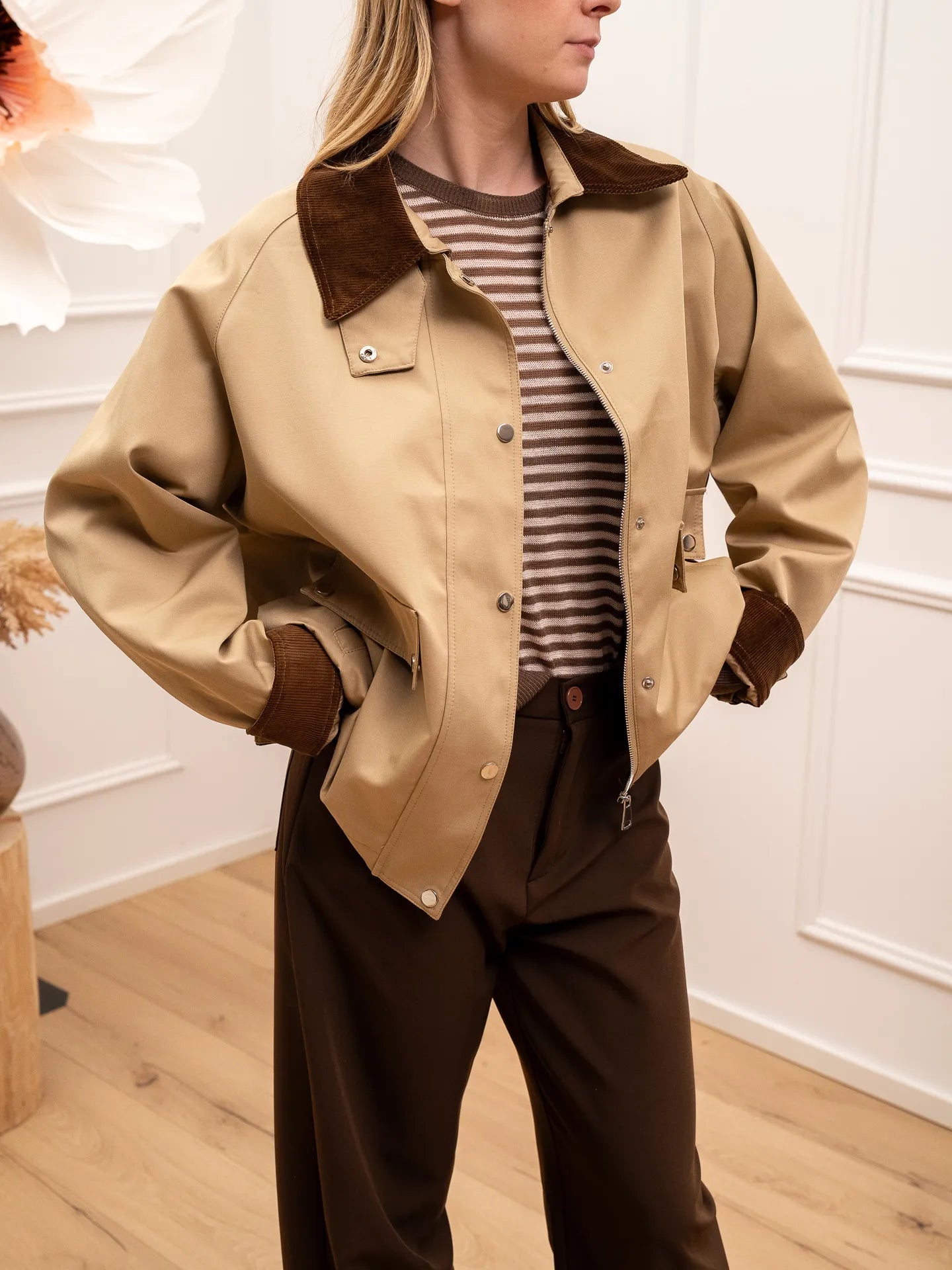 Giacchetto in cotone sabbia con colletto a coste - HaveOne