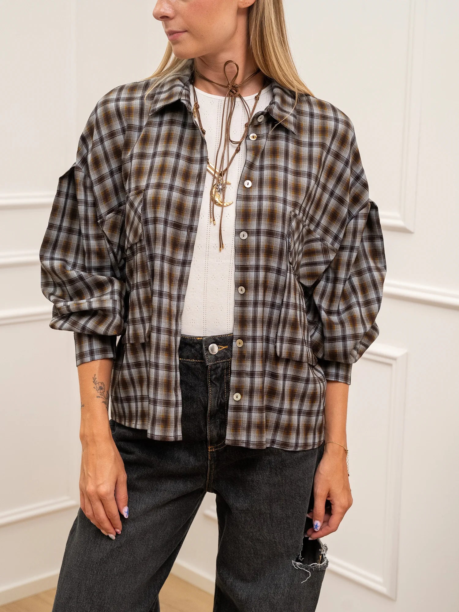 Camicia check moro e celeste con coulisse sul retro - Vicolo