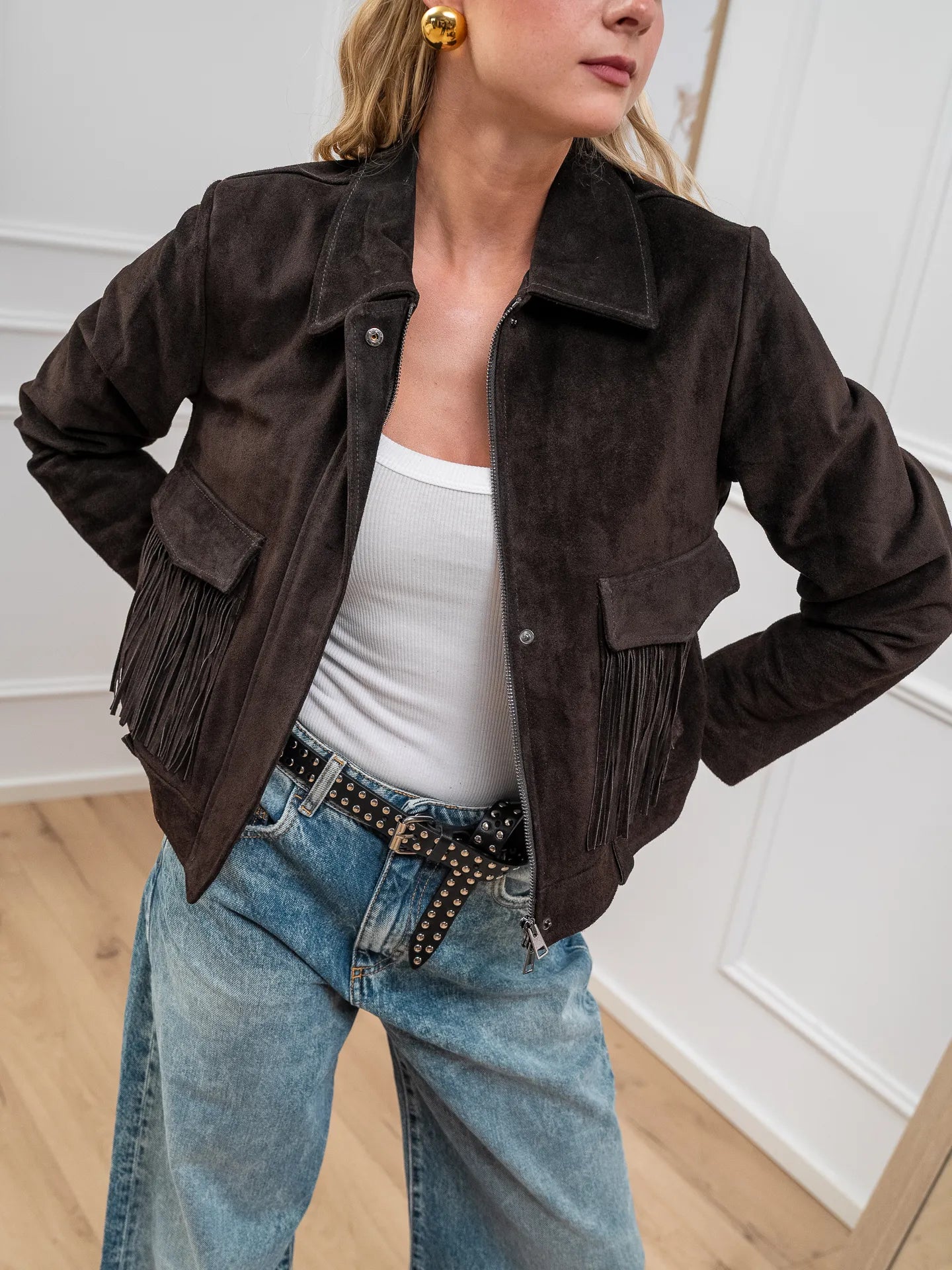 Giacca in crosta moro tasche con frange - Vicolo