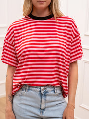 T shirt rigata rosa e rosso con colletto moro - HaveOne