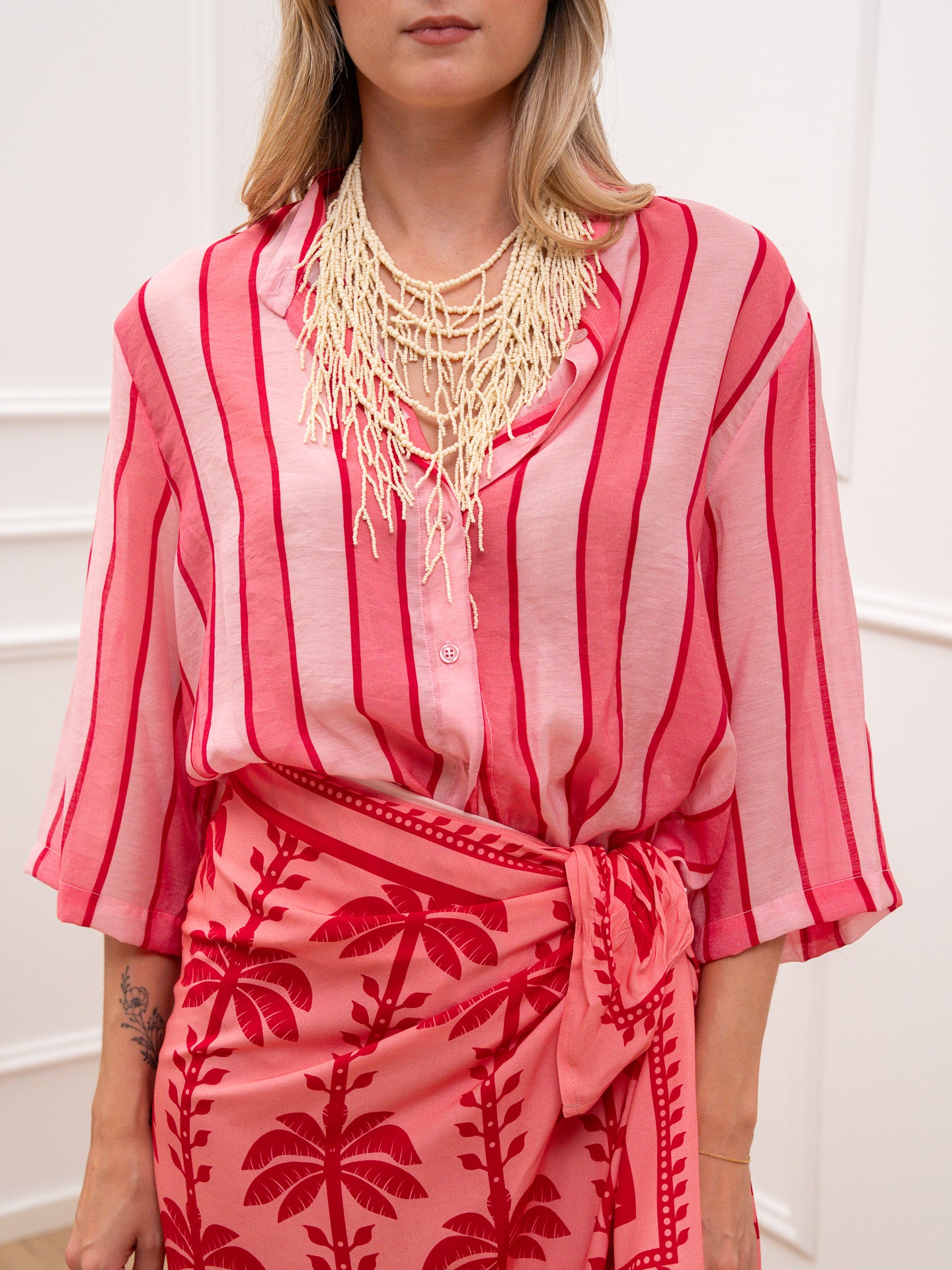 Camicia rigata Palme rosa baby, rosa e fragola - Dixie
