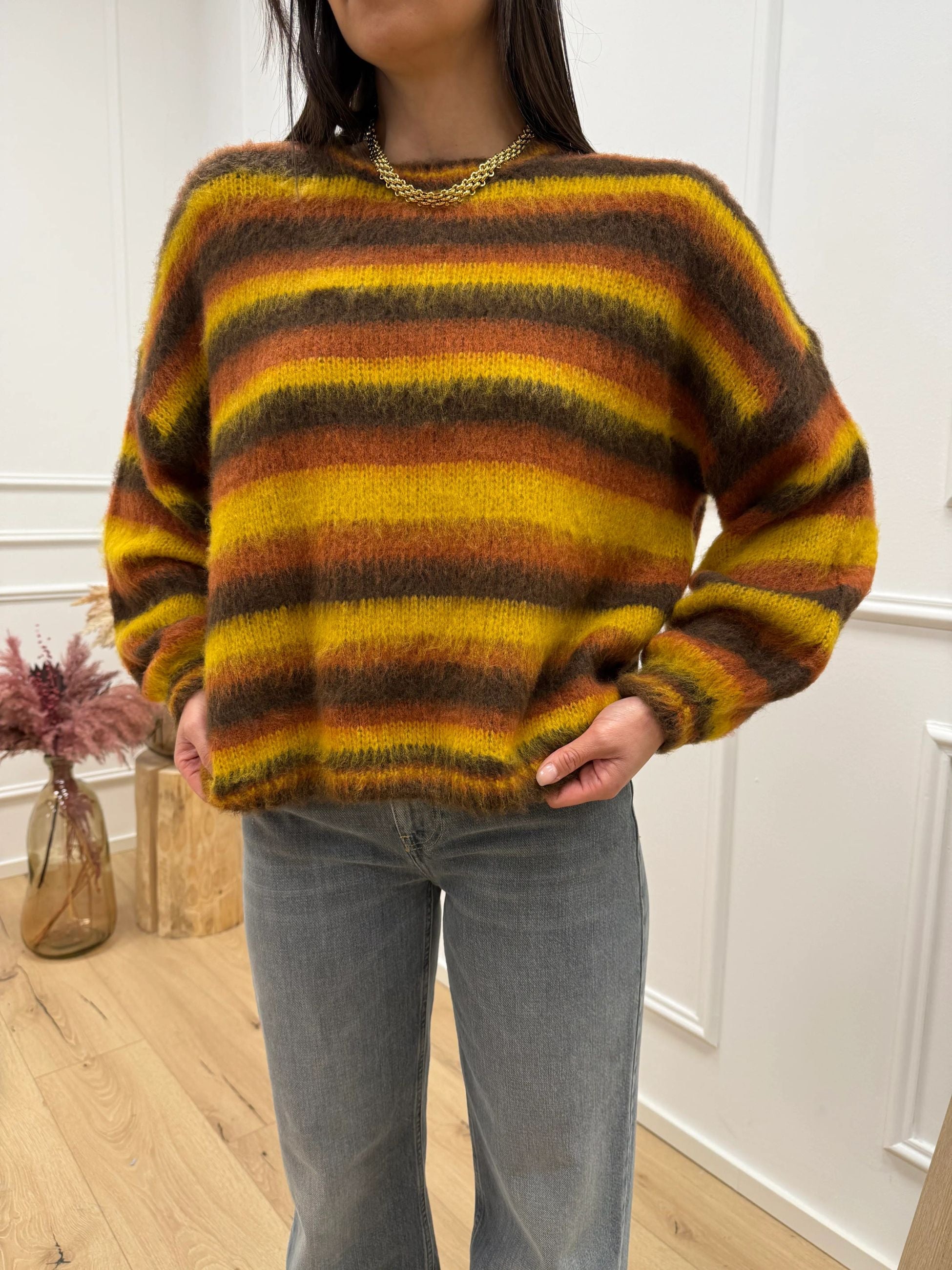 Maglia garzata a righe moro, coccio e senape - HaveOne