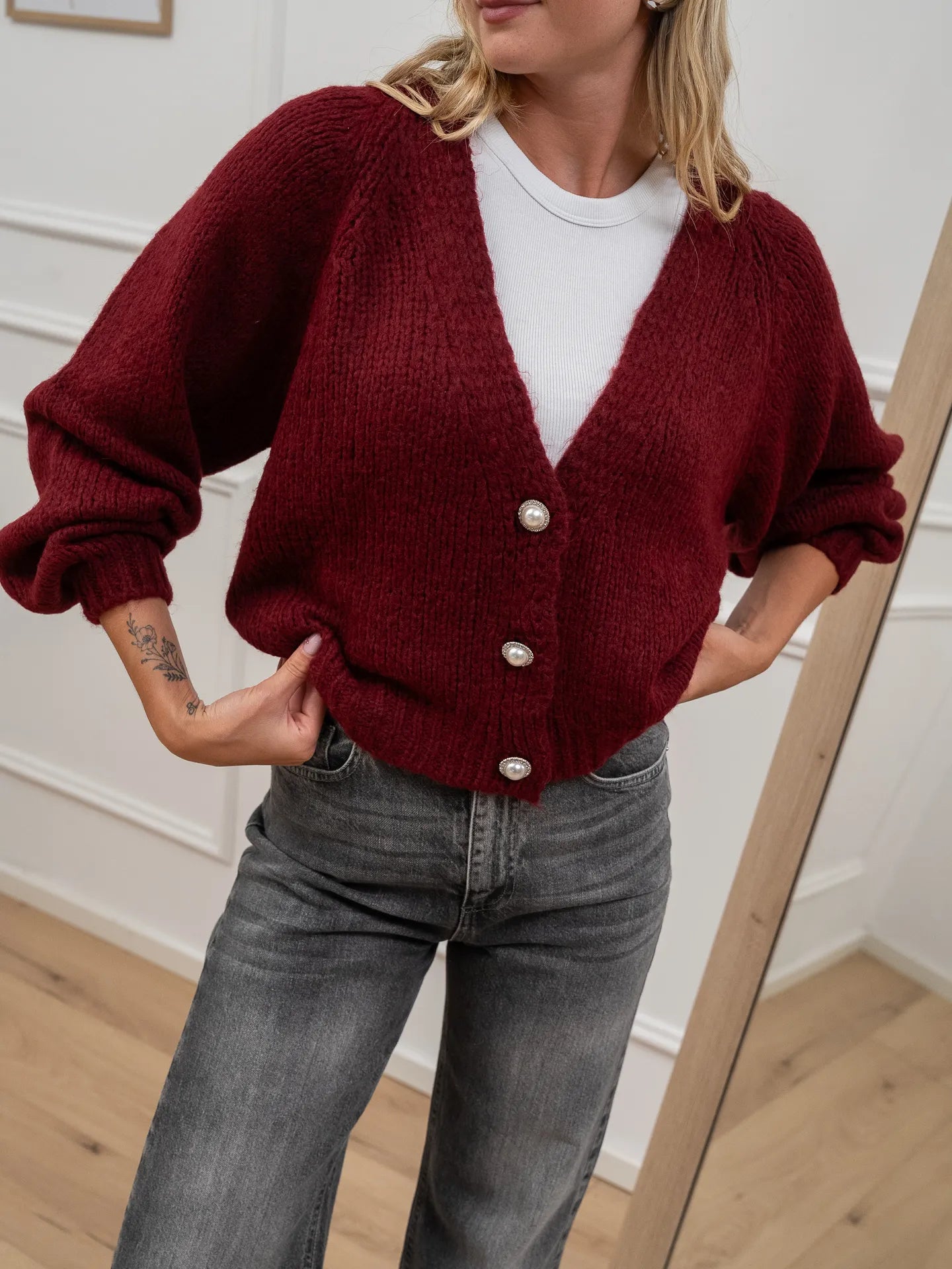 Cardigan vino tre bottoni gioiello - HaveOne