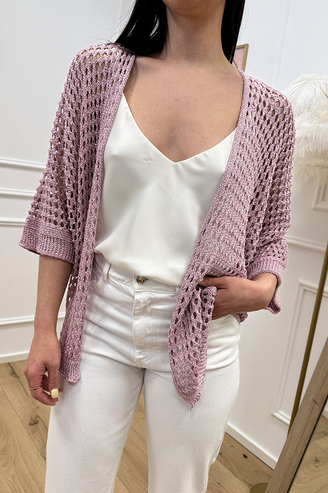 Cardigan lamè rosa a rete larga - Vicolo