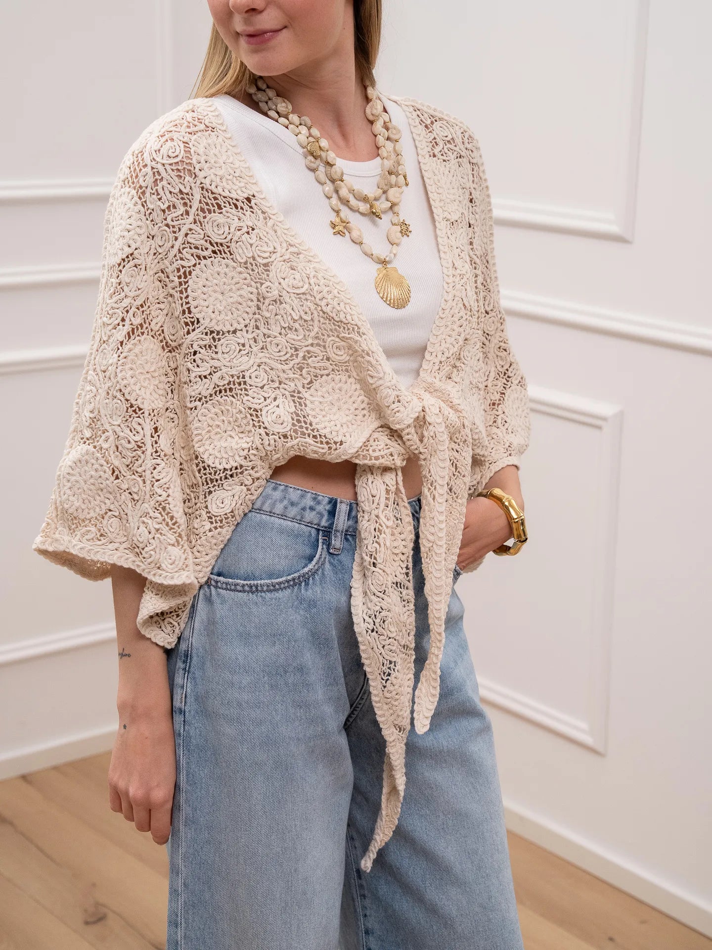 Cardigan crochet naturale con nodo - HaveOne