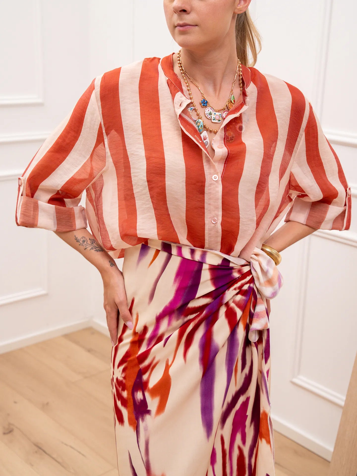 Camicia riga larga burro e arancio in lyocell - HaveOne