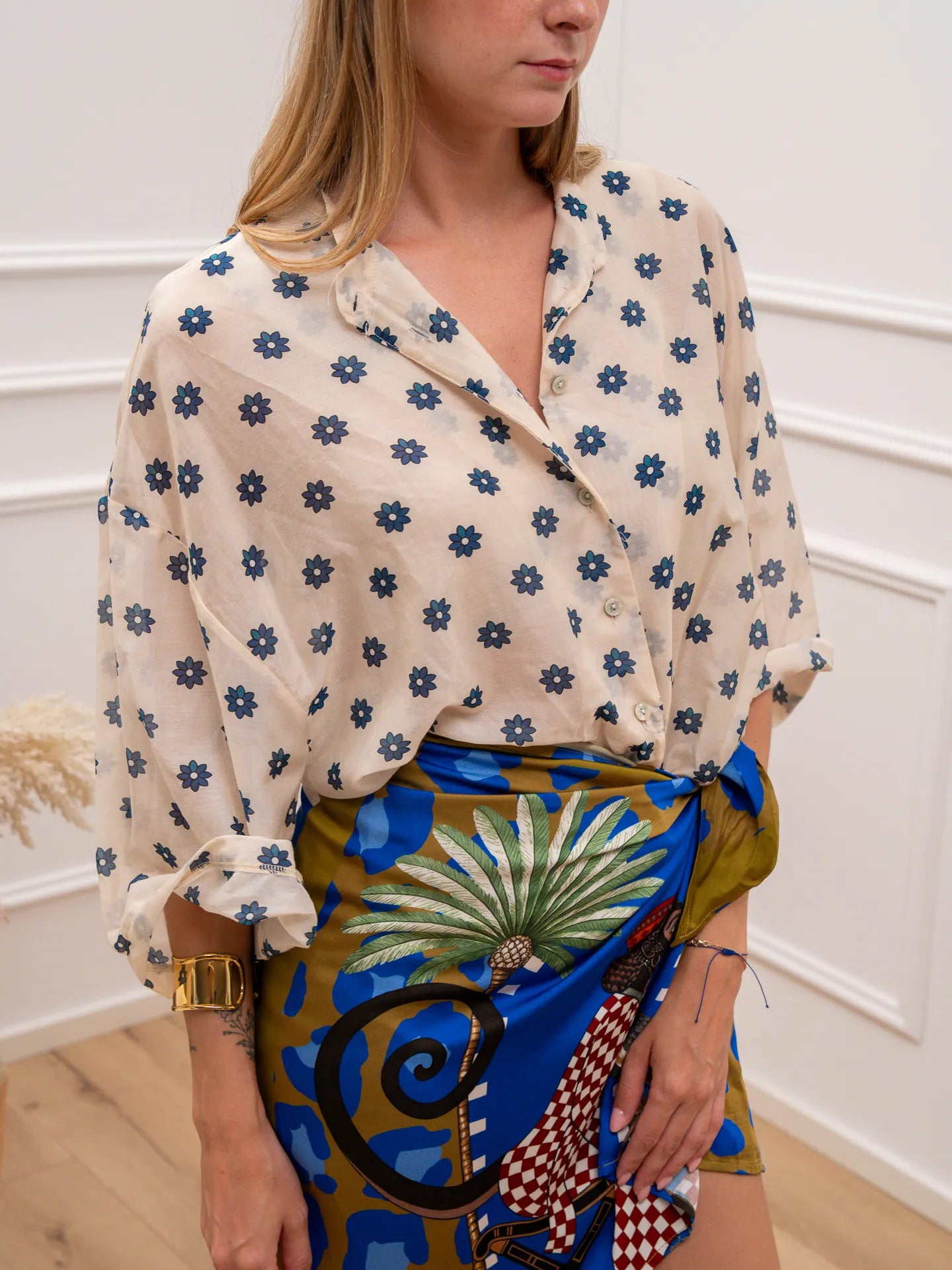 Camicia burro fiorellini blu misto seta - Tensione In
