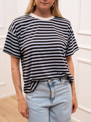 T shirt rigata celeste e moro con colletto burro - HaveOne