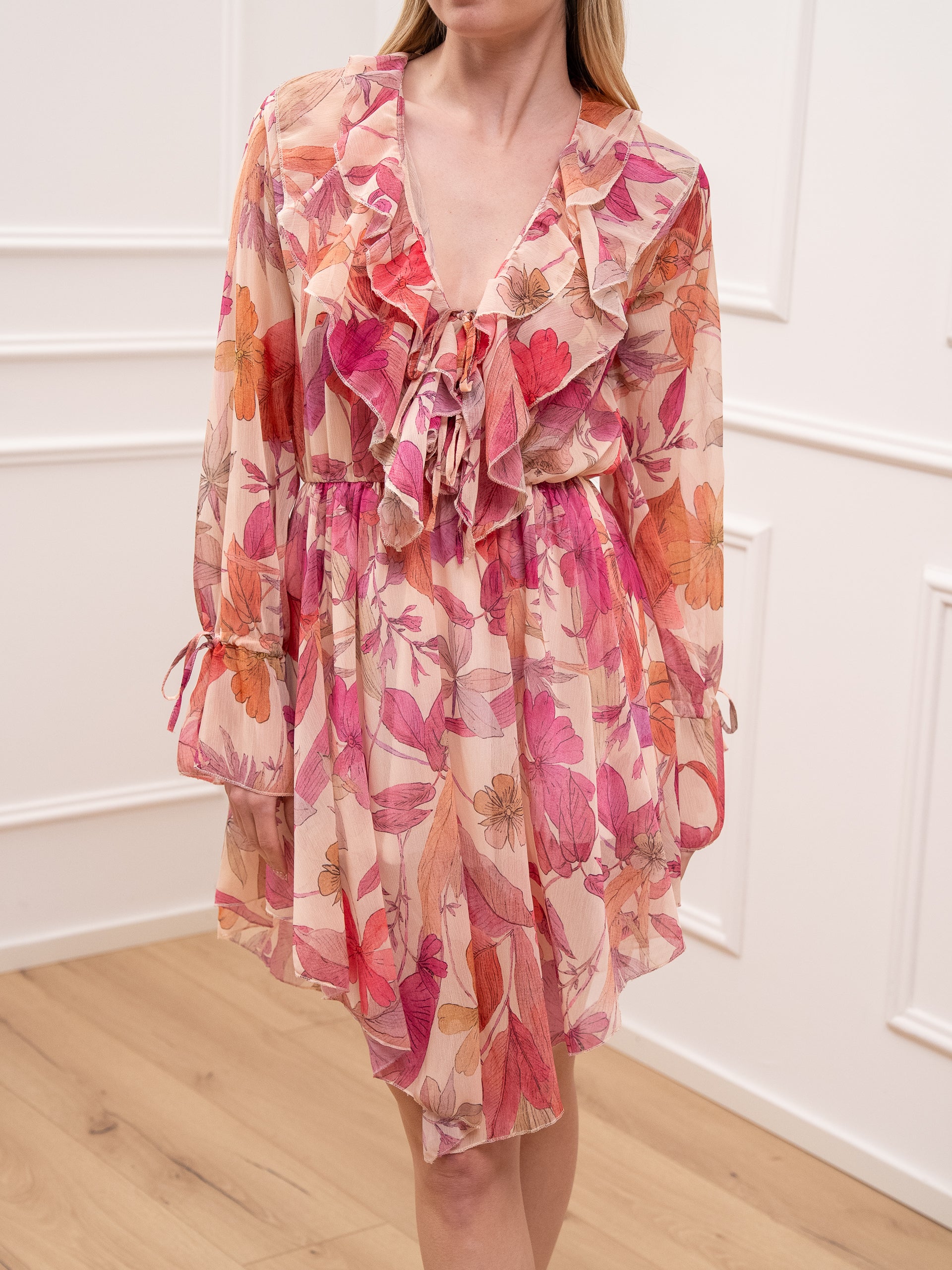 Vestito mini Flora burro, pesca e rosa taglio a punta - HaveOne