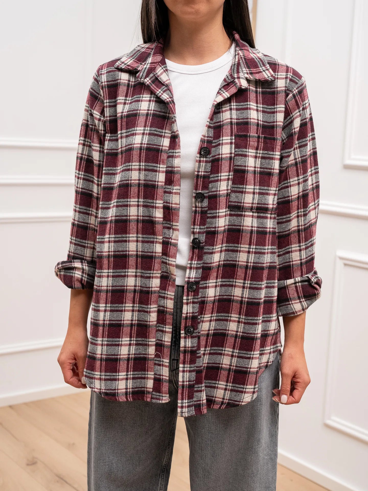 Camicia check nero, bordeaux, panna in flanella - HaveOne