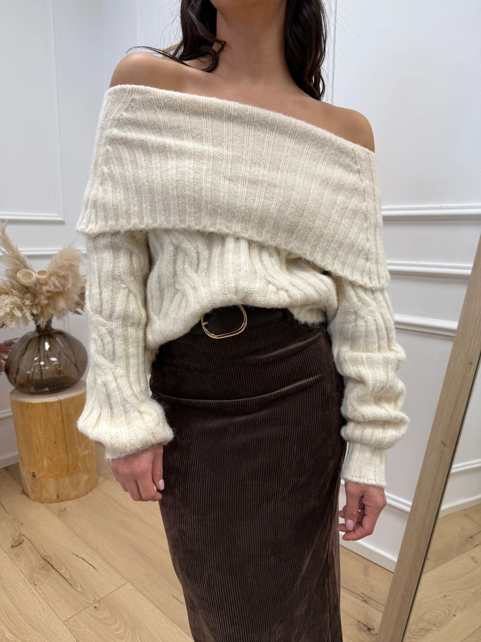 Maglia maxi scollo shiffer beige a coste - HaveOne