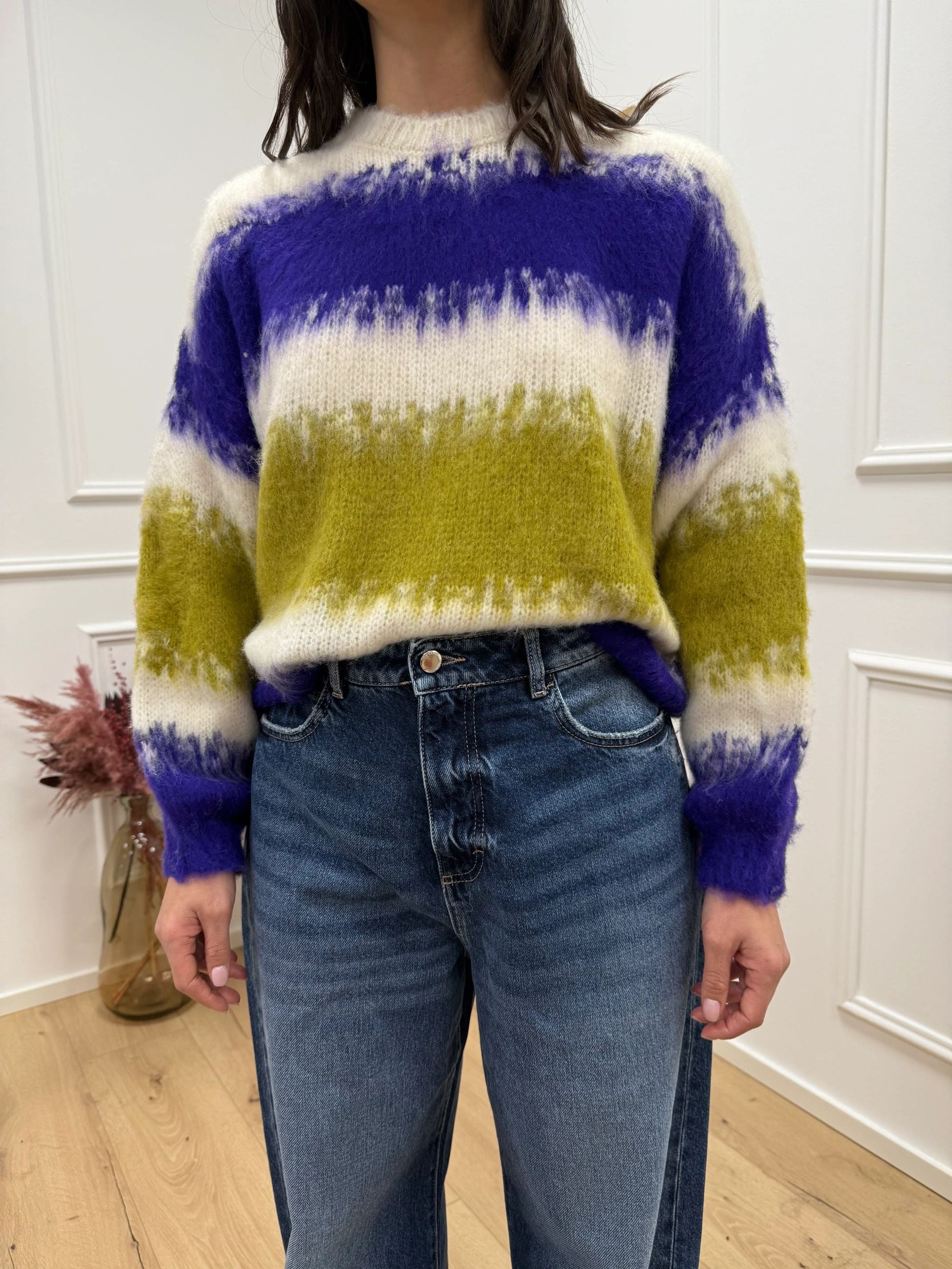 Maglia garzata a righe viola, panna e pistacchio - HaveOne