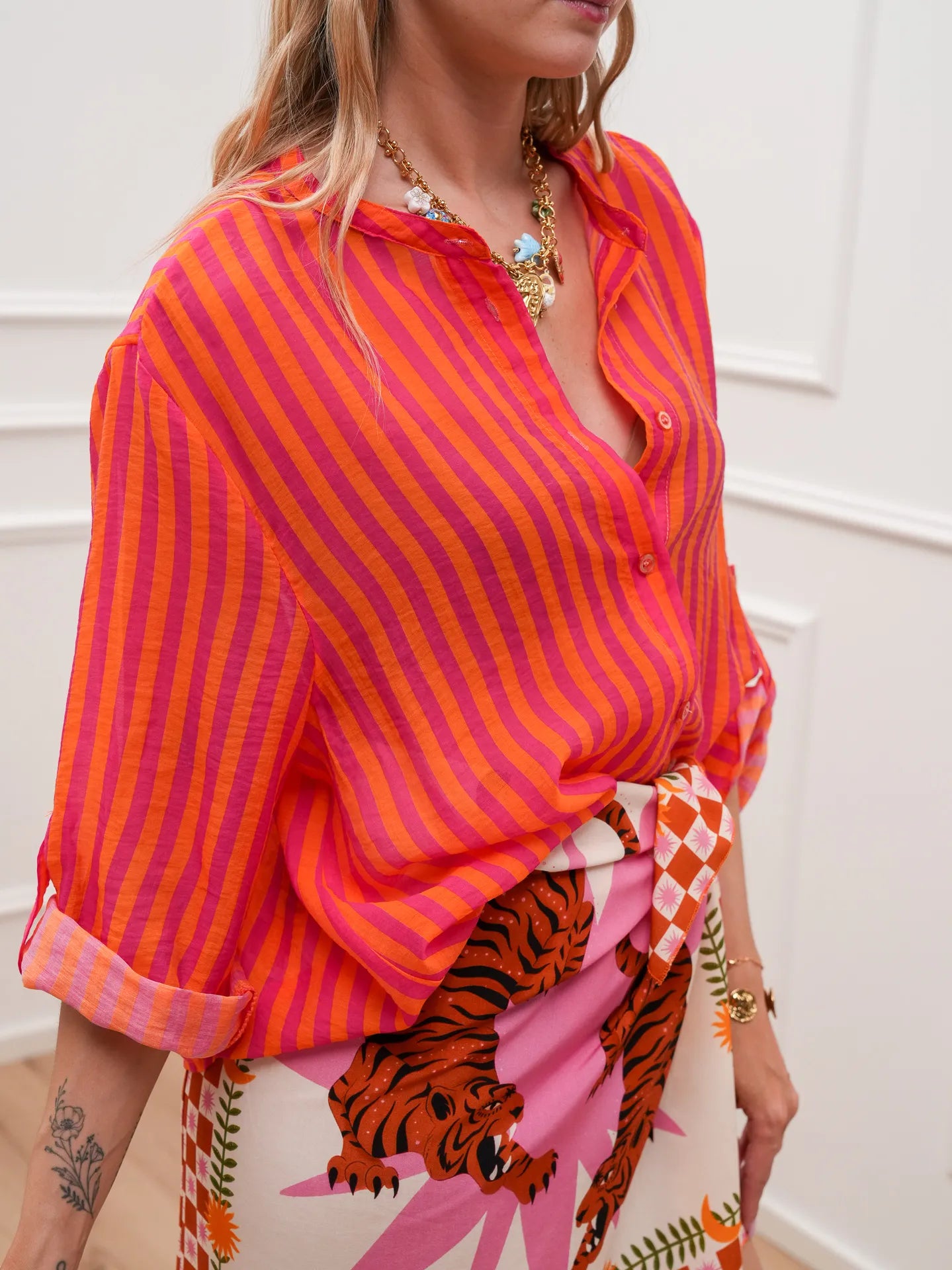 Camicia riga sottile arancio e fucsia in lyocell - HaveOne