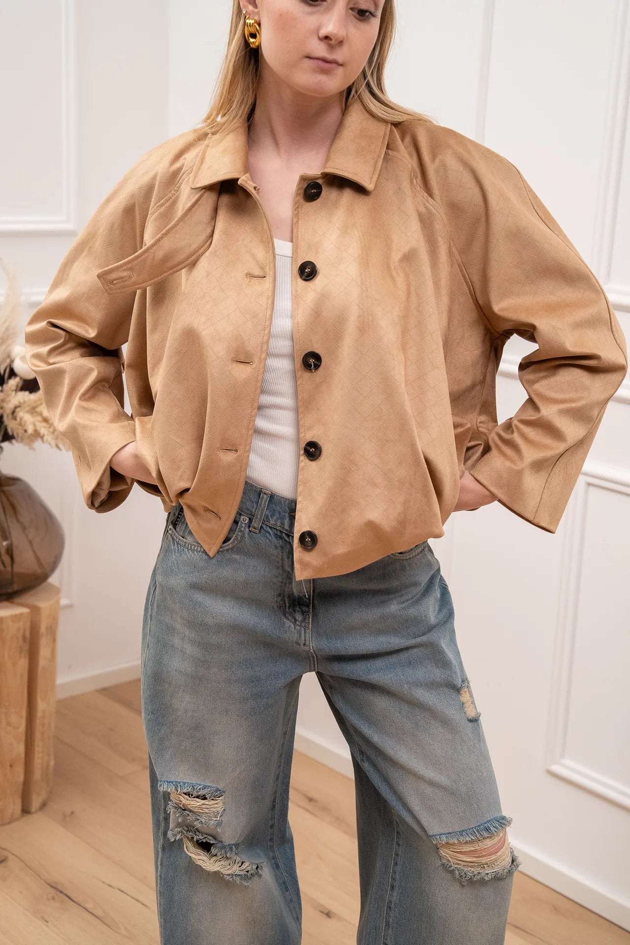 Bomber scamosciato beige effetto intrecciato - Tensione In