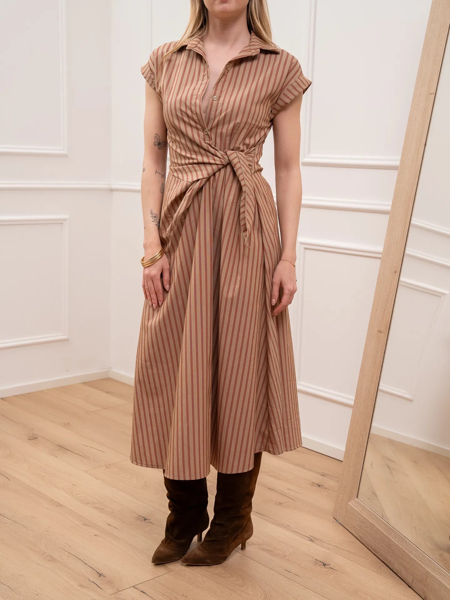 Vestito cammello e rosso con nodo - HaveOne