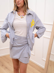 Camicia gessata celeste e blu patch Palma riga lamè - Vicolo