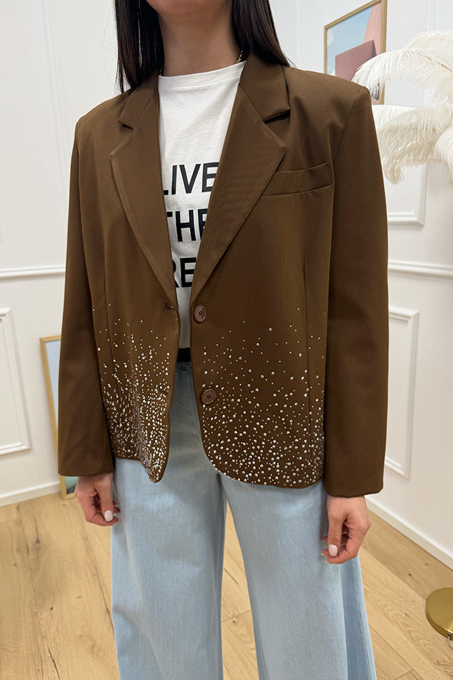Giacca cropped cioccolato con cascata strass - Vicolo
