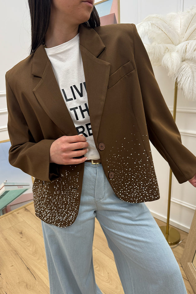Giacca cropped cioccolato con cascata strass - Vicolo
