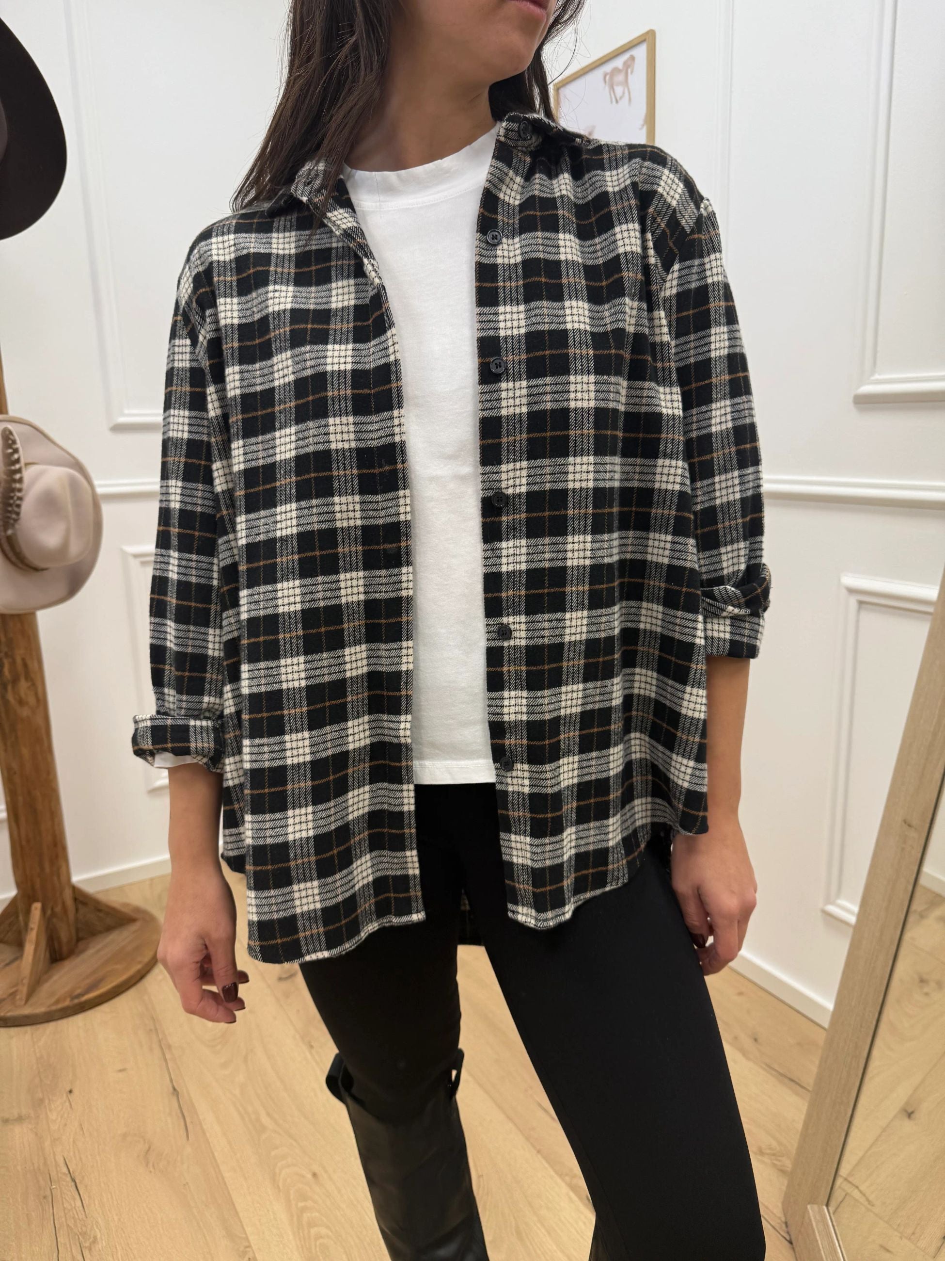 Camicia check nero, panna, tabacco in flanella - HaveOne