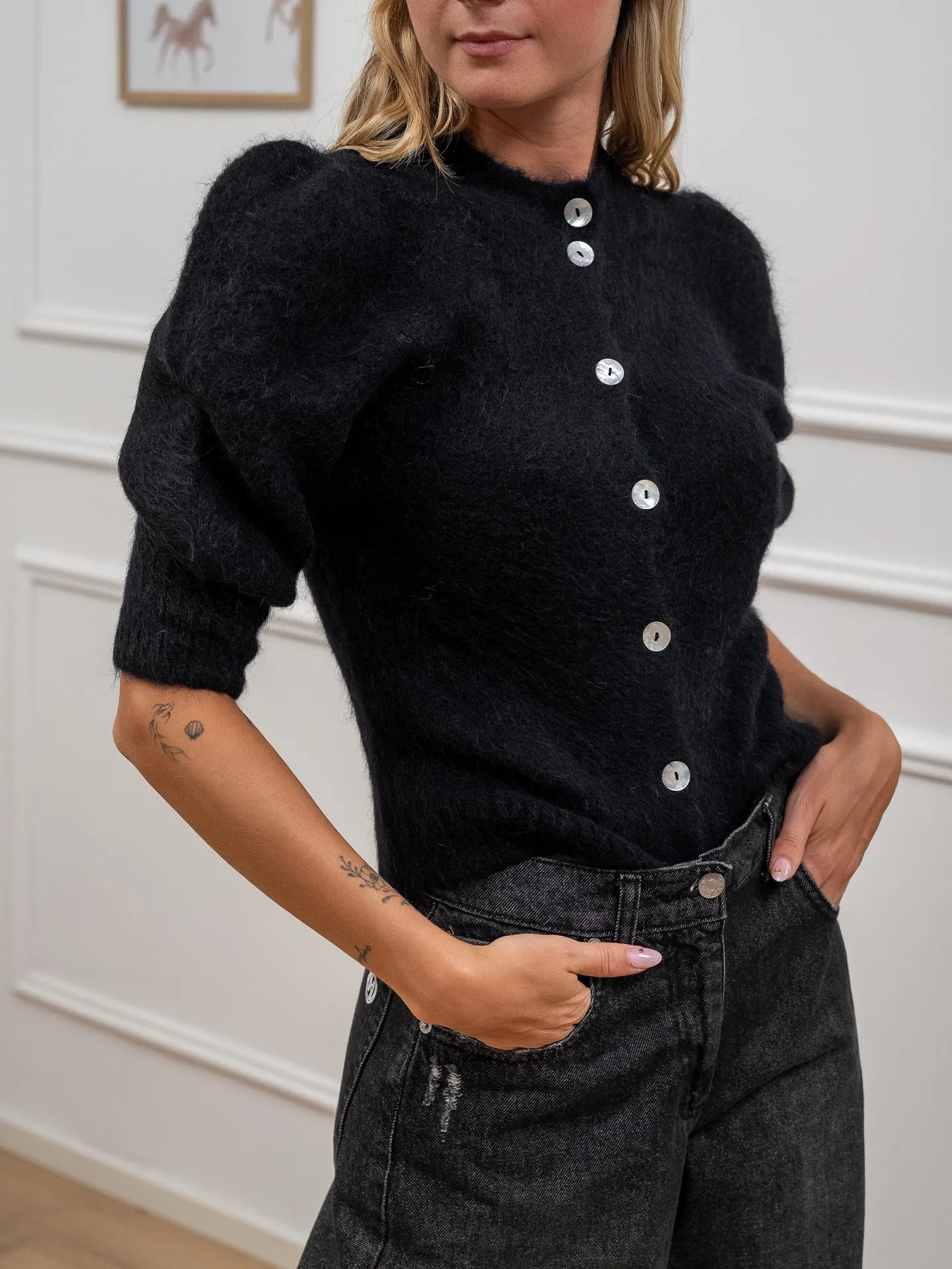 Cardigan nero manica balloon alpaca superfine - Kontatto