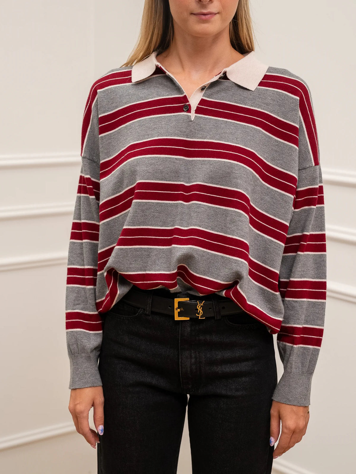 Maglia polo rigata grigio, rosso e burro - Vicolo