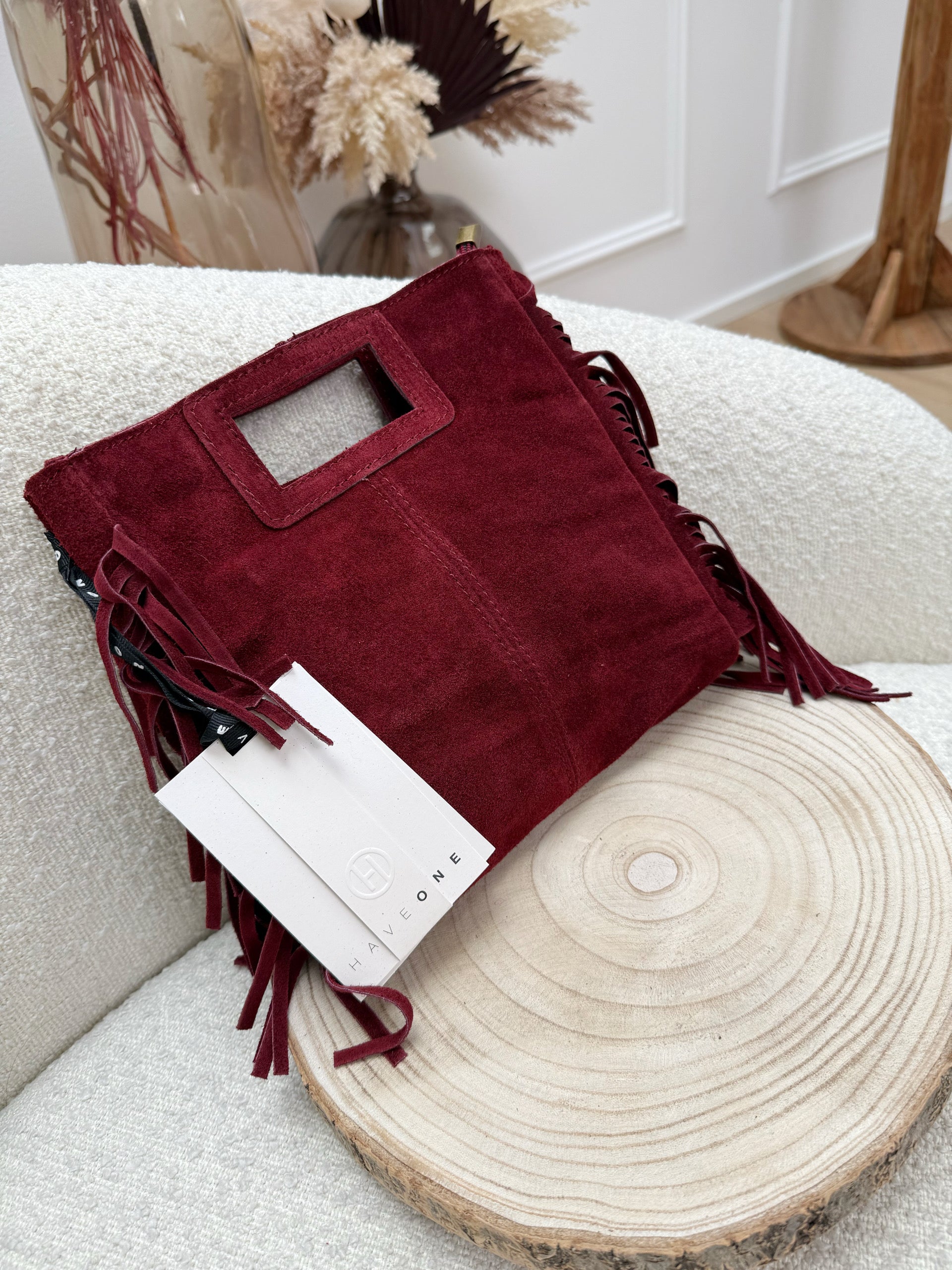Borsa scamosciata bordeaux con frange - HaveOne