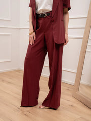Pantaloni in viscosa stropicciata bordeaux con cintura - HaveOne