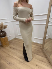 Vestito in maglia lurex panna, oro scollo bardot - HaveOne