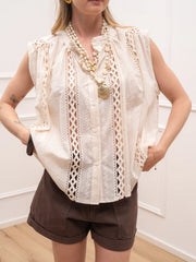 Camicia smanicata burro con ricami e sangallo - HaveOne