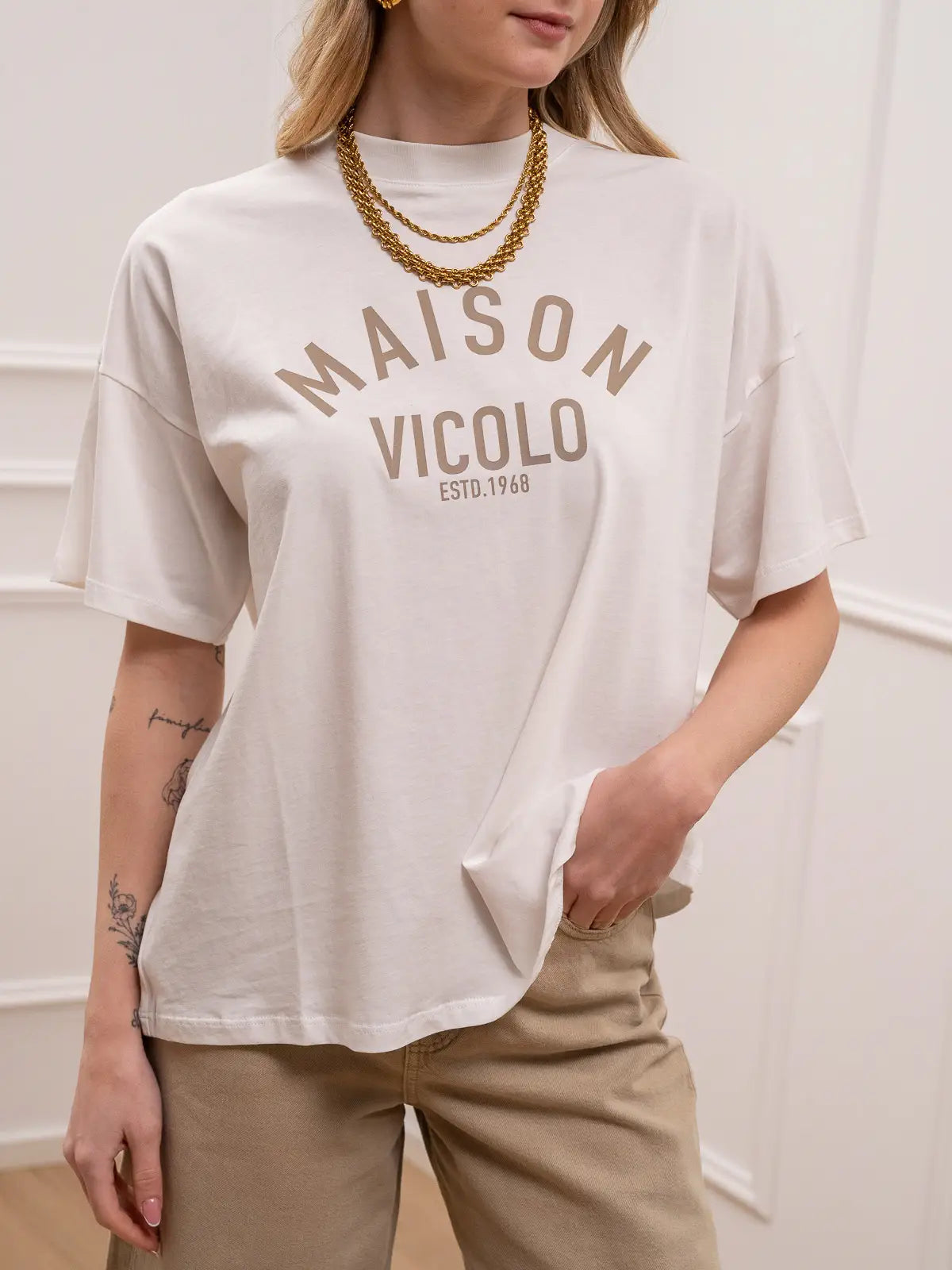 T shirt bianca stampa Maison Vicolo taupe - Vicolo