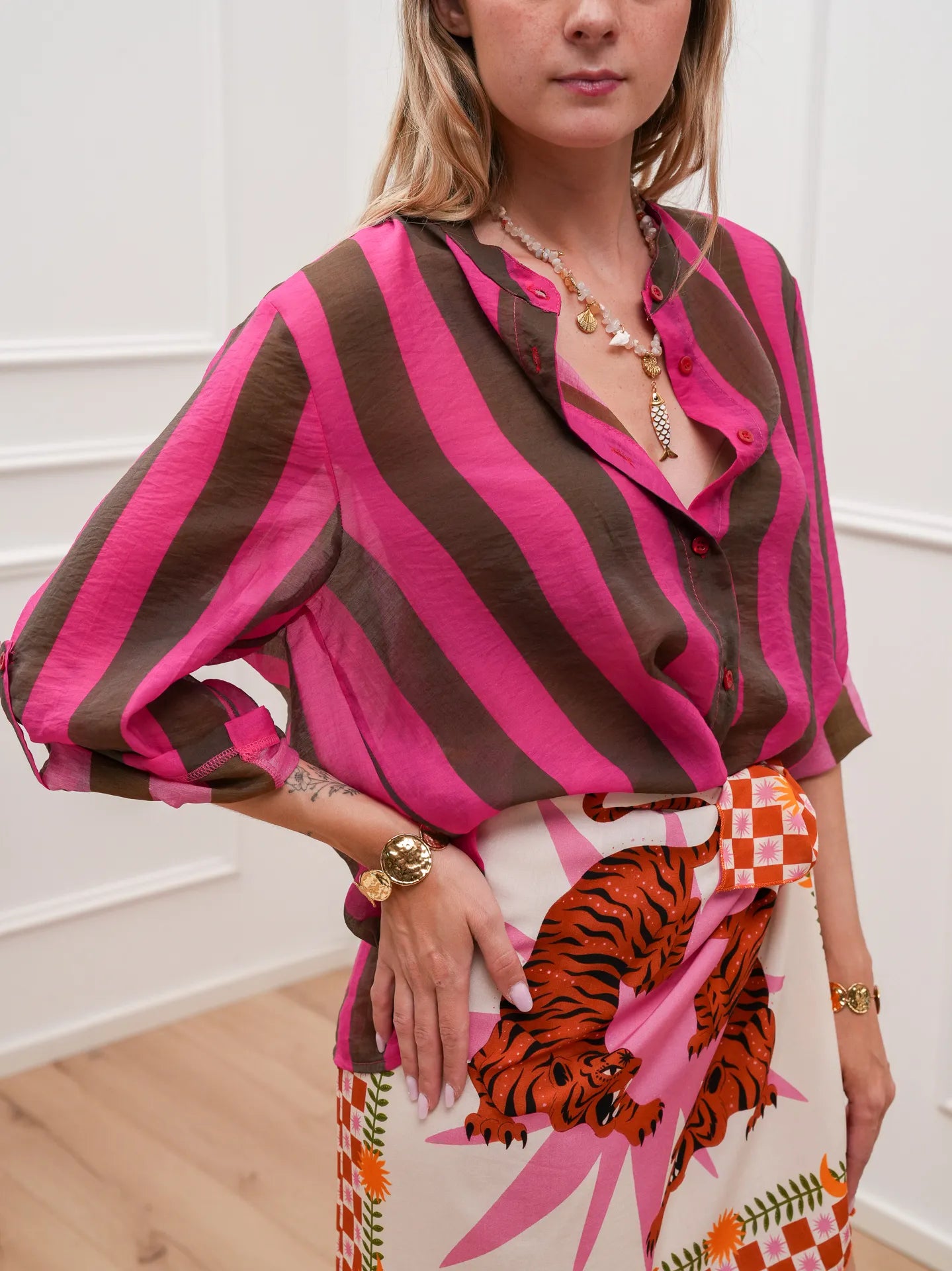 Camicia riga larga fucsia e moro in lyocell - HaveOne