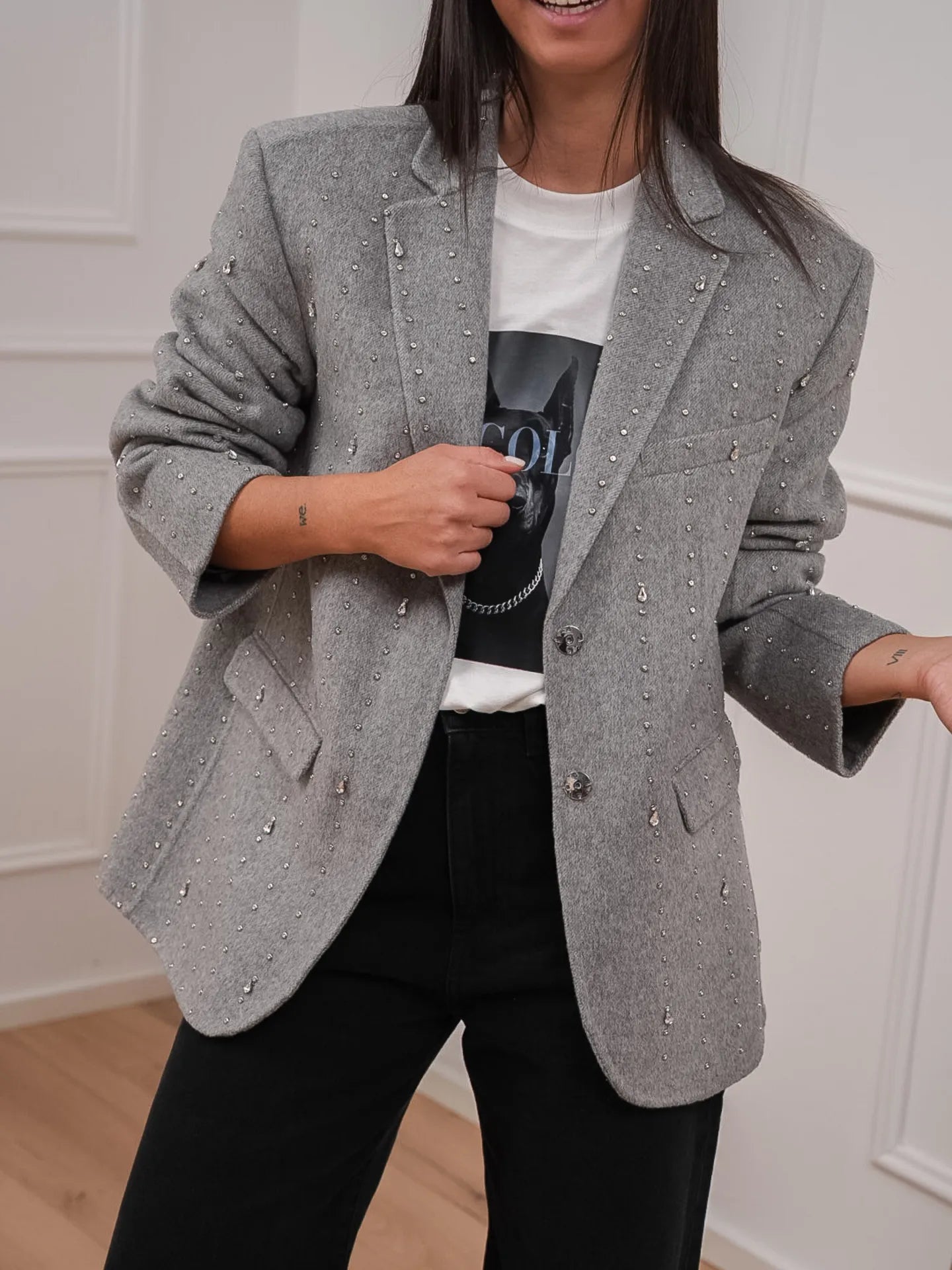 Cappotto corto grigio mélange con strass - Vicolo