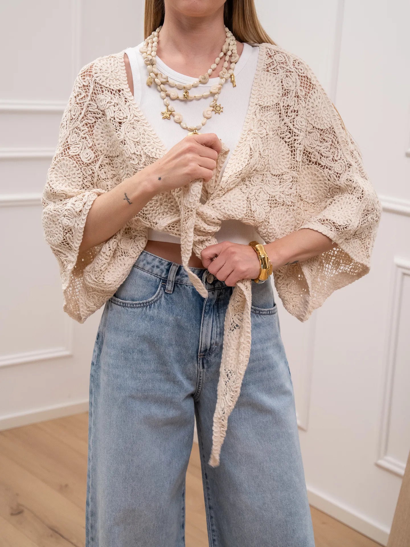 Cardigan crochet naturale con nodo - HaveOne