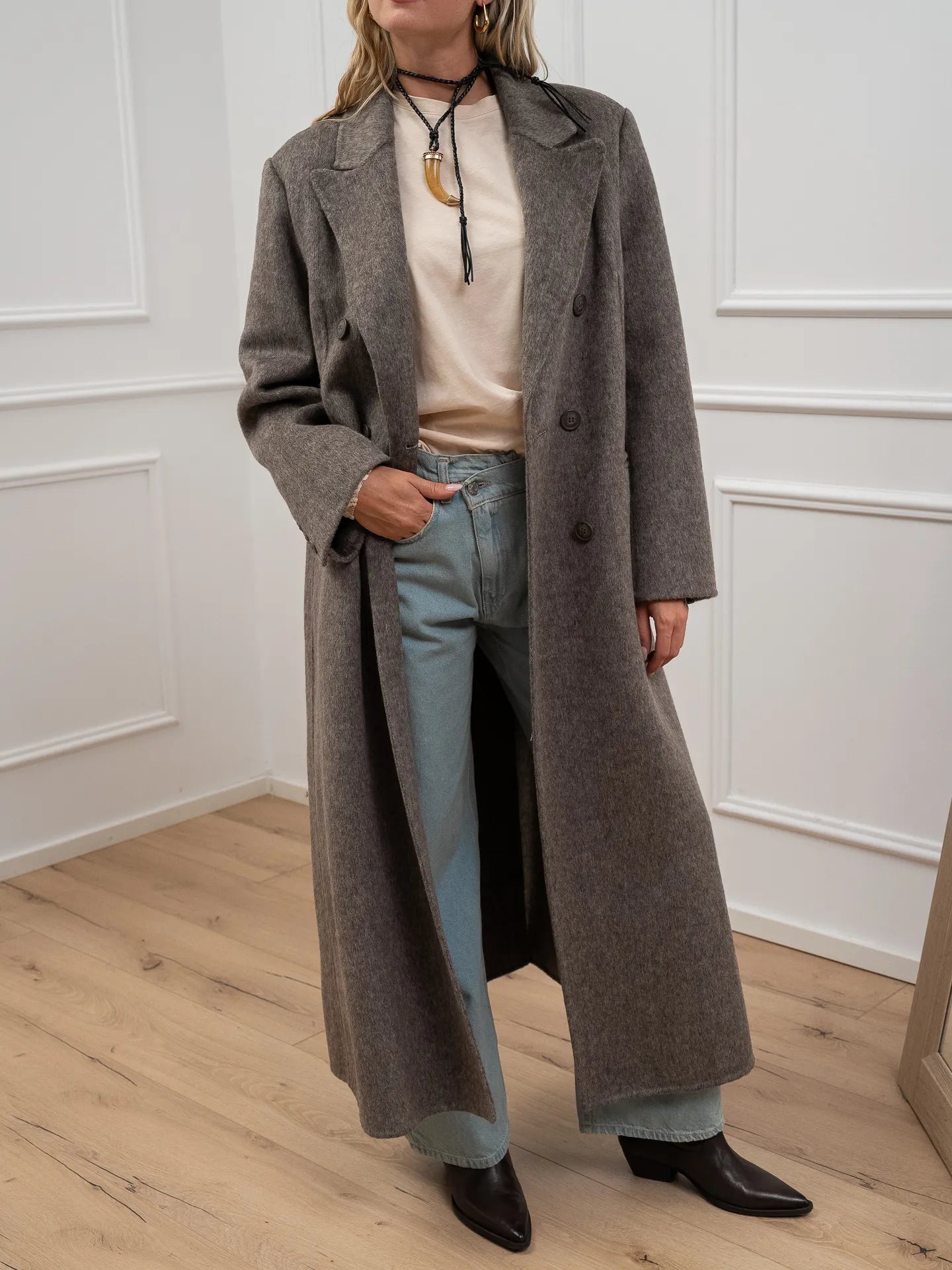 Cappotto strutturato fango mélange con cintura - HaveOne