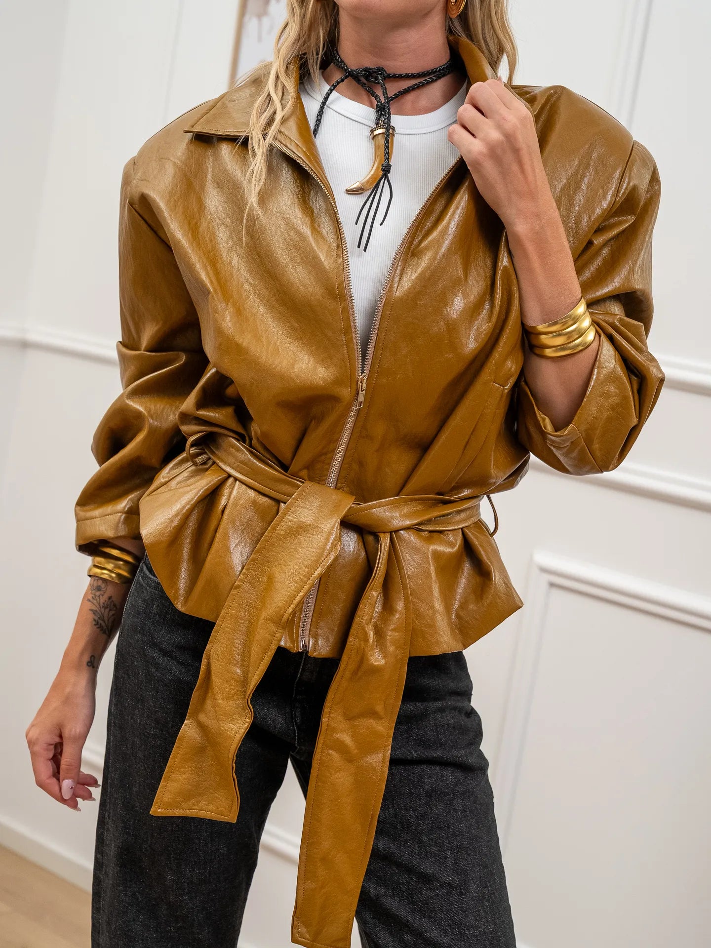 Giacca over in ecopelle olio con fusciacca - HaveOne