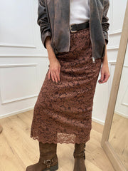 Gonna in pizzo cacao con cintura - HaveOne