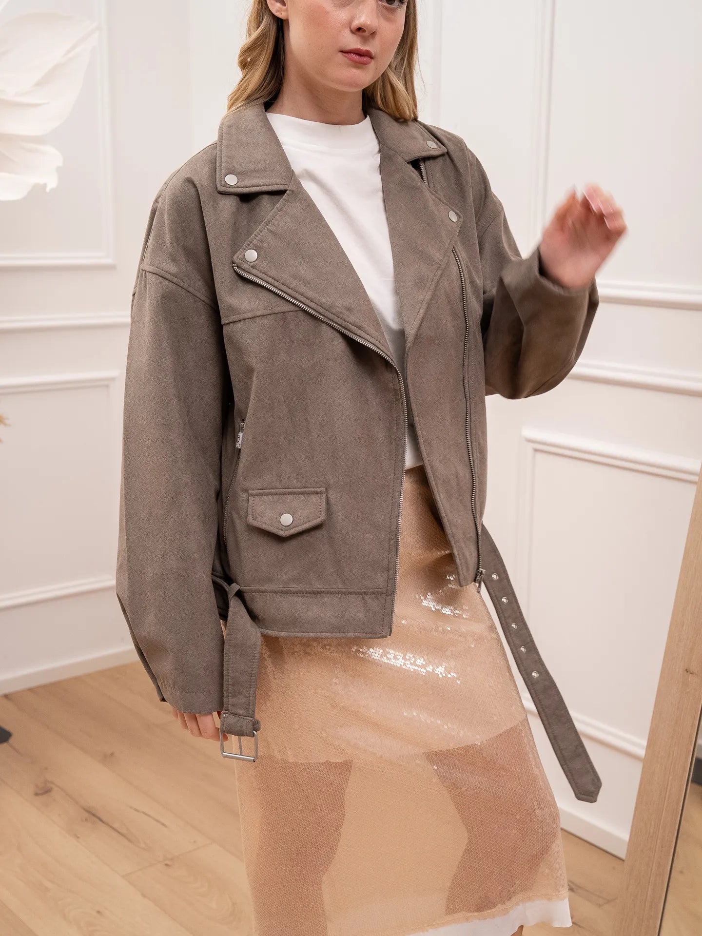 Chiodo biker scamosciato tortora - JJXX