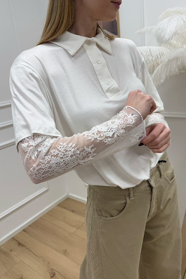 Polo bianca maniche in pizzo bianche - HaveOne