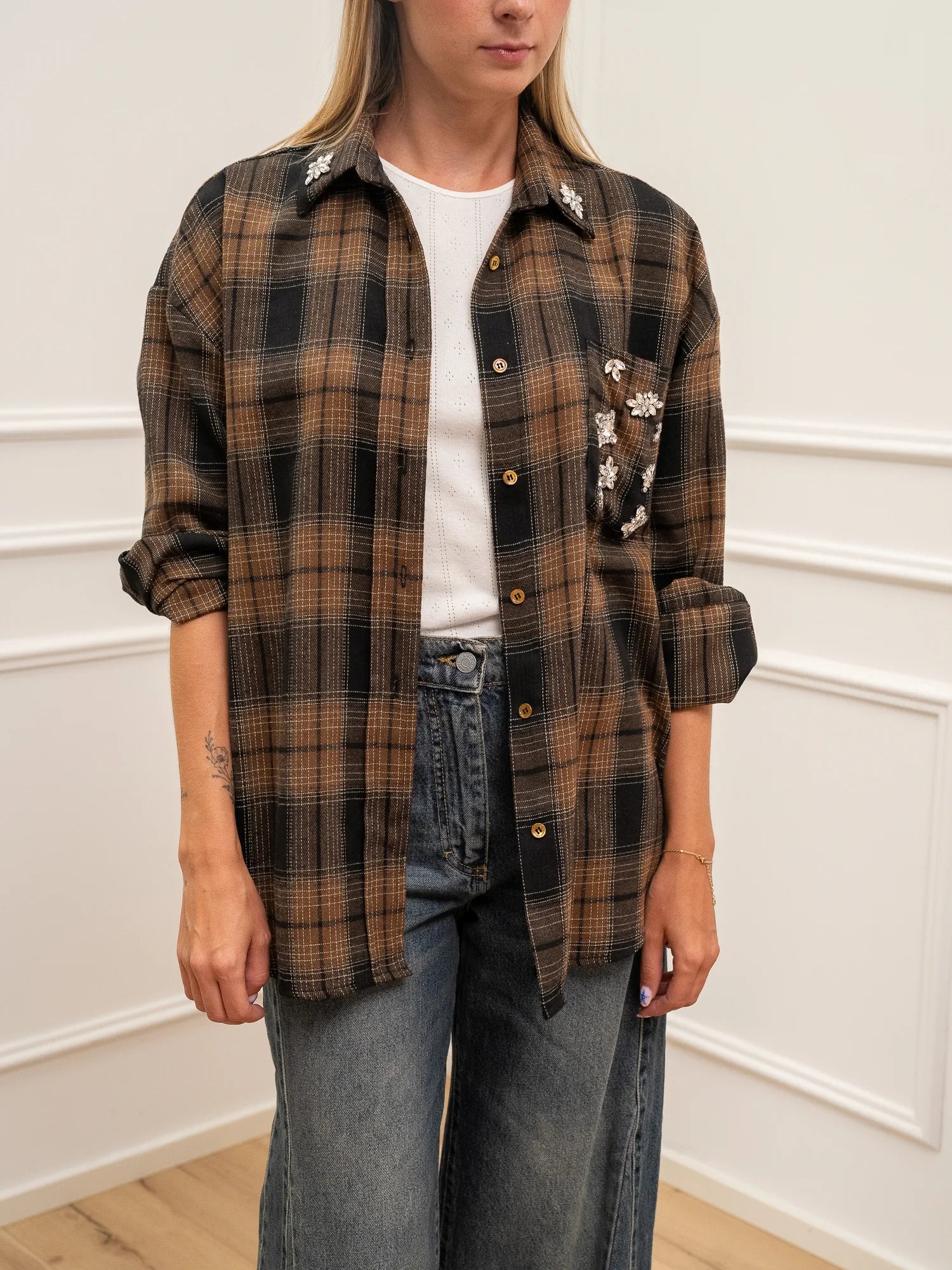 Camicia flanella check camel e nera con cabochon - Vicolo